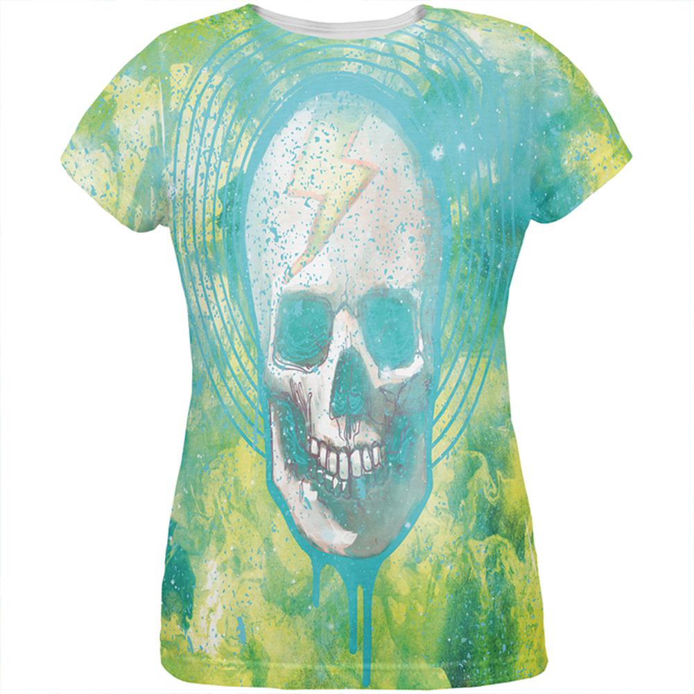 Halloween Lightning Bolt Skull Distressed Plasma All Over Womens T Shirt Women's T-Shirts Old Glory 2XL Multi