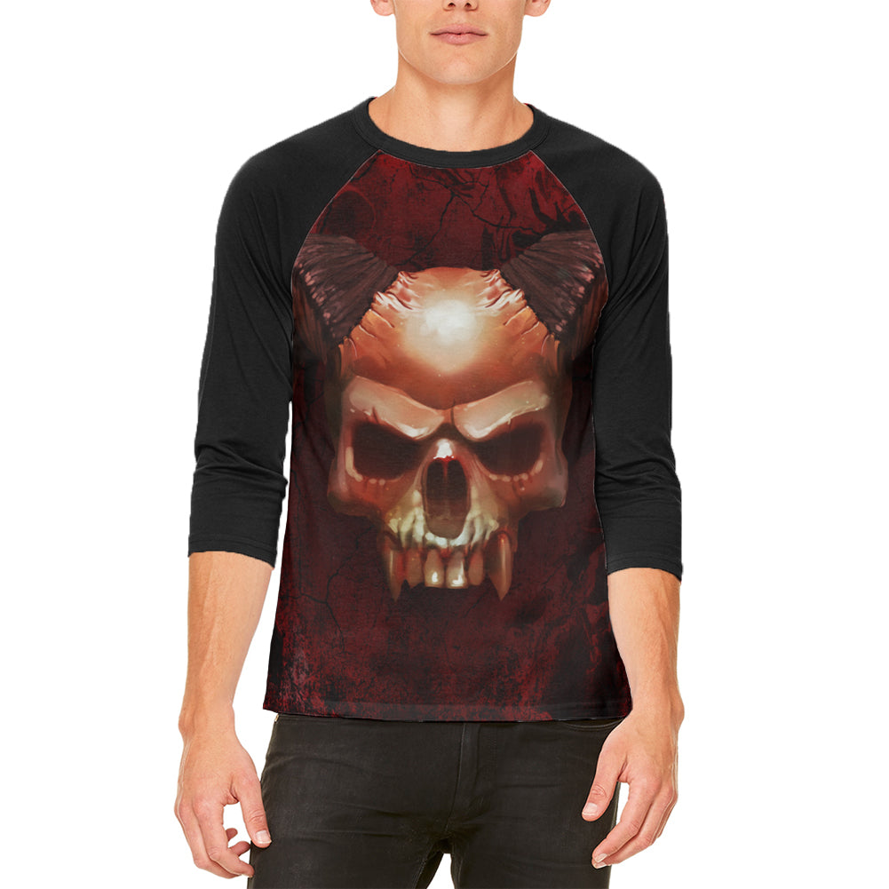 Halloween Horned Demon Skull From Hell Mens Raglan T Shirt Men's Raglans Old Glory LG White-Black