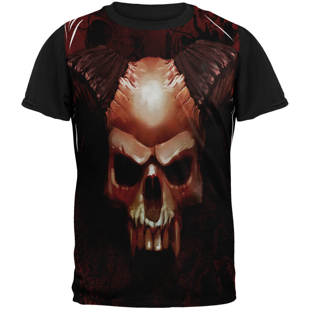 Halloween Horned Demon Skull from Hell All Over Mens Black Back T Shirt Men's T-Shirts Old Glory SM Multi