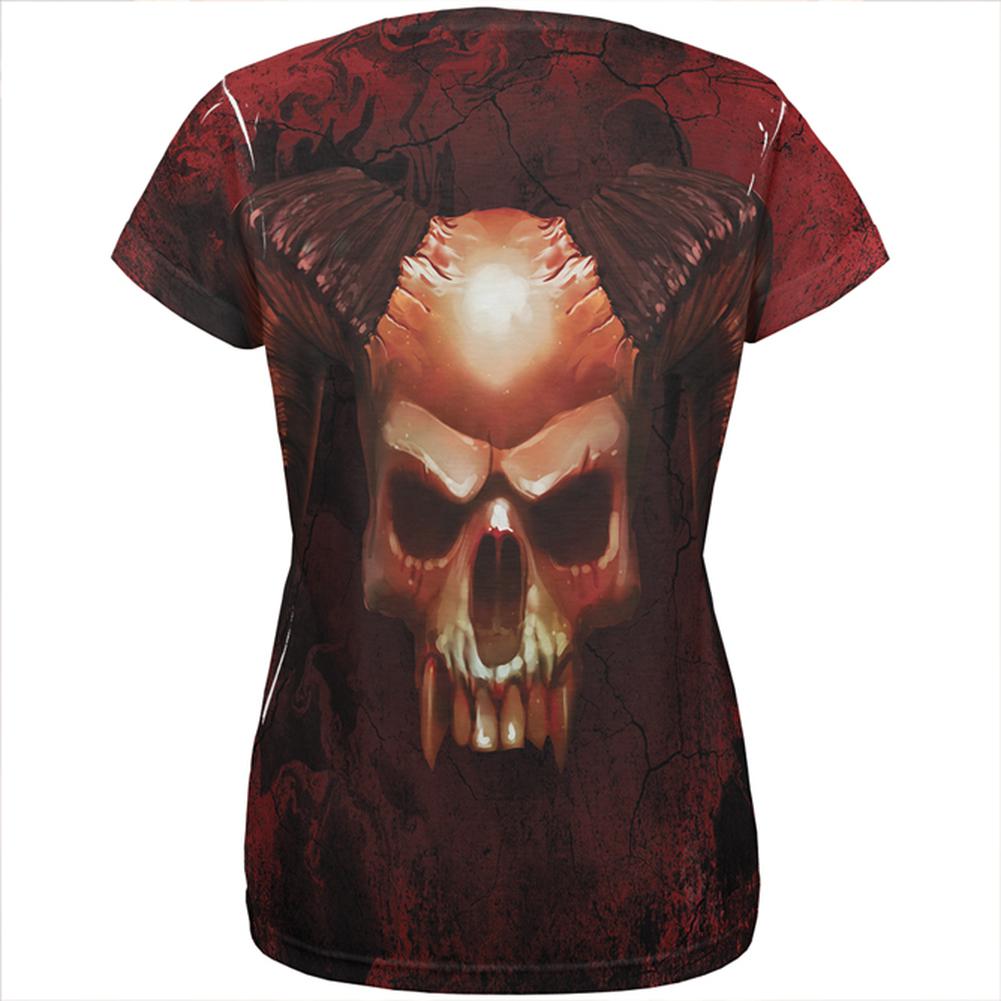 Halloween Horned Demon Skull From Hell All Over Womens T Shirt Women's T-Shirts Old Glory