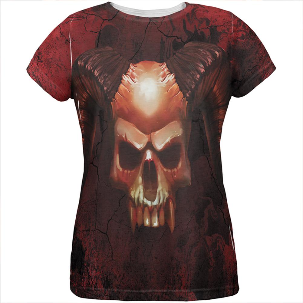 Halloween Horned Demon Skull From Hell All Over Womens T Shirt Women's T-Shirts Old Glory 2XL Multi