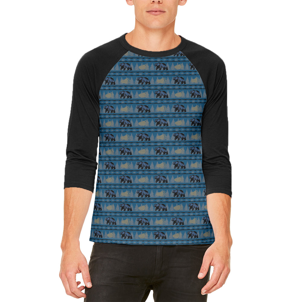 Grizzly Bear Adirondack Pattern Blue Mens Raglan T Shirt Men's Raglans global LG White-Black