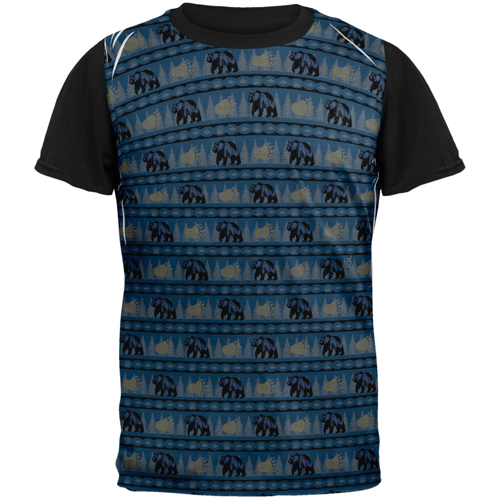 Grizzly Bear Adirondack Pattern Blue All Over Mens Black Back T Shirt Men's T-Shirts Old Glory SM Multi