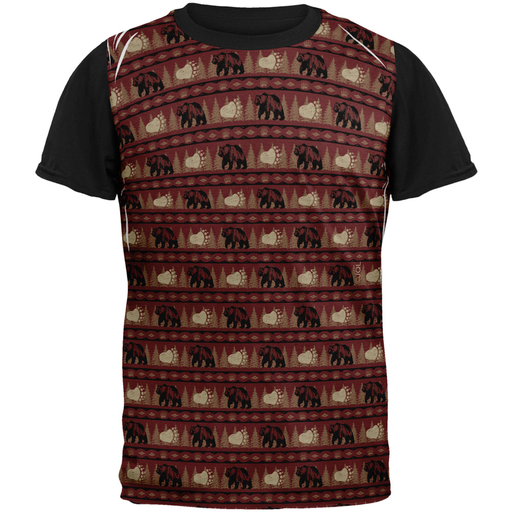 Grizzly Bear Adirondack Pattern Red All Over Mens Black Back T Shirt Men's T-Shirts Old Glory SM Multi