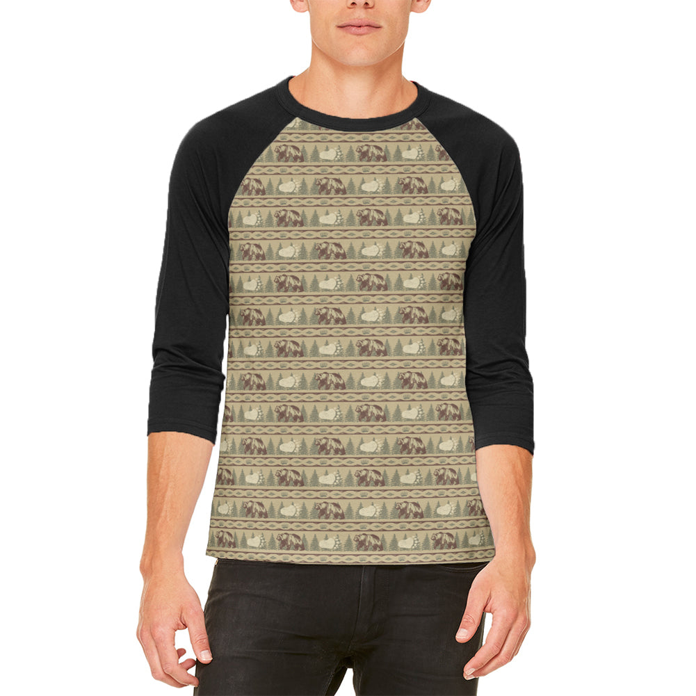 Grizzly Bear Adirondack Pattern Tan Mens Raglan T Shirt Men's T-Shirts global LG White-Black