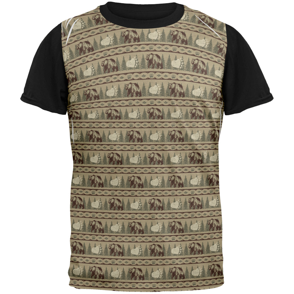 Grizzly Bear Adirondack Pattern Tan All Over Mens Black Back T Shirt Men's T-Shirts Old Glory SM Multi