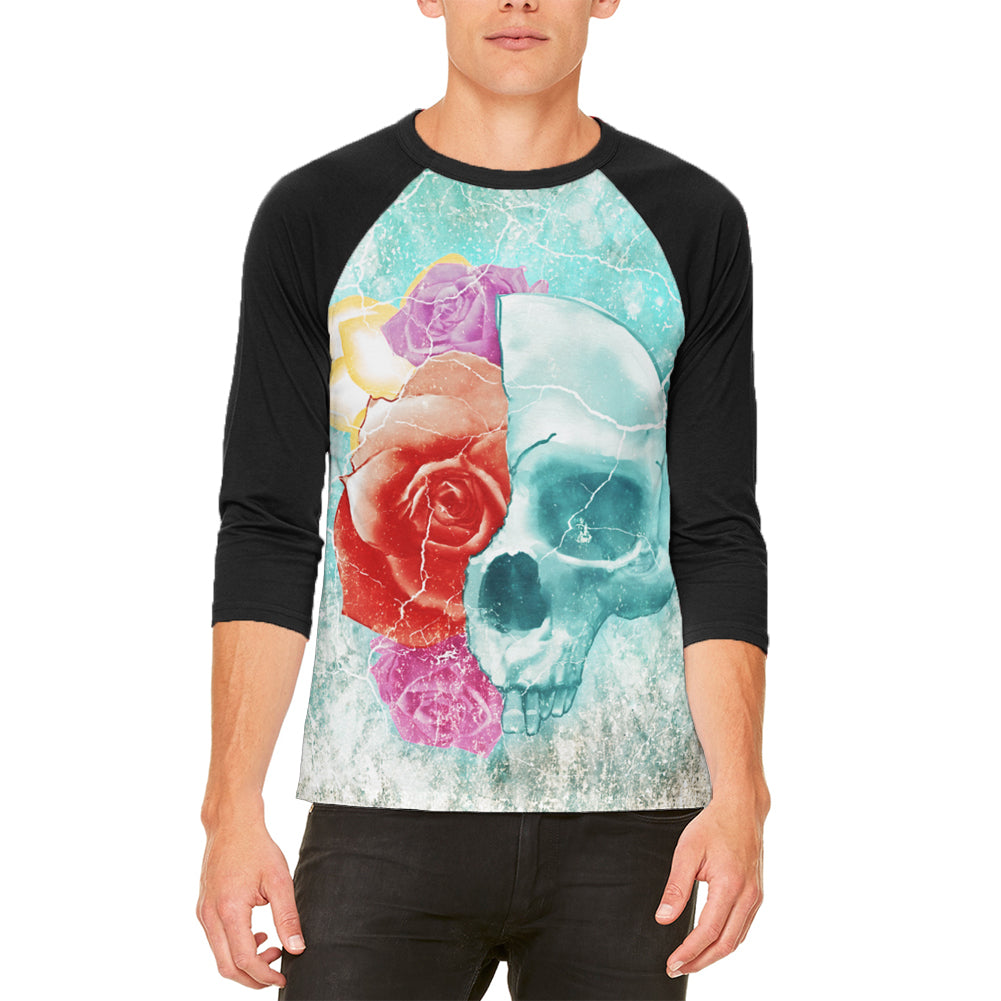 Halloween Distressed Skull and Flowers Mens Raglan T Shirt Men's Raglans Old Glory LG White-Black