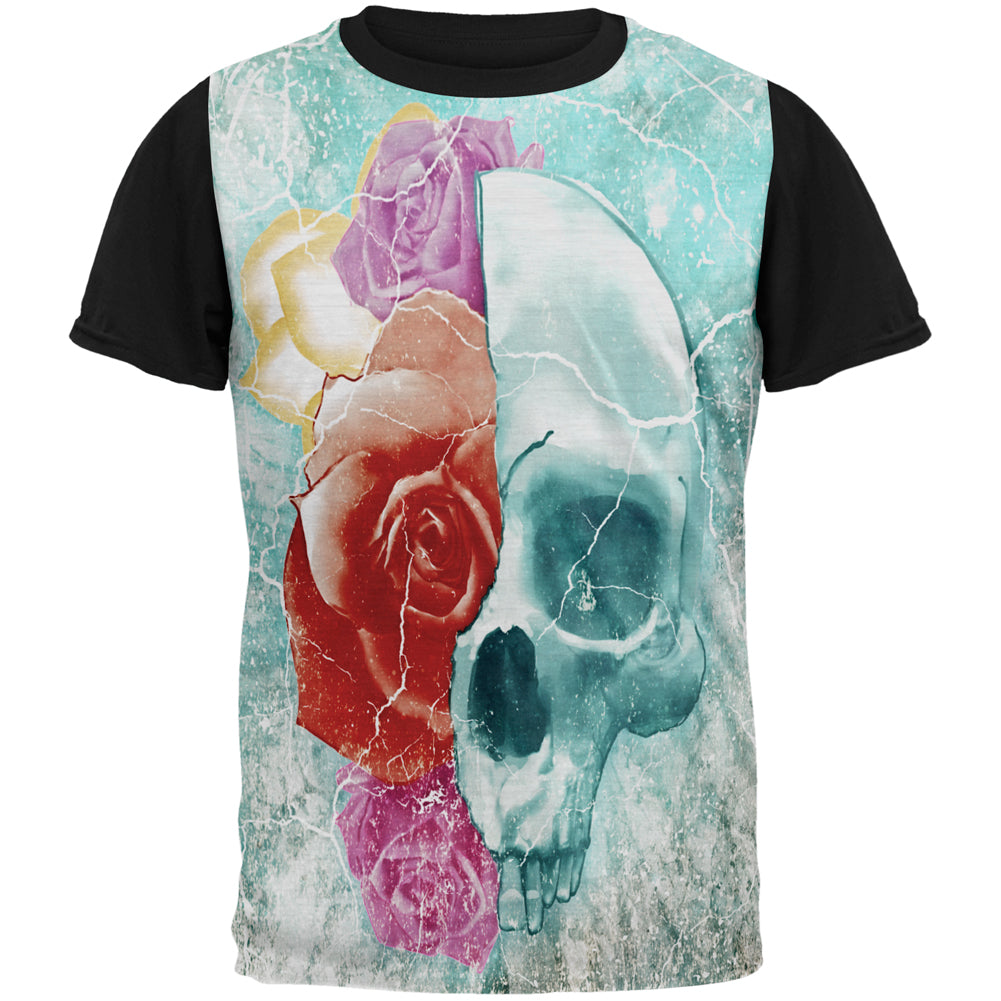 Halloween Distressed Skull and Flowers All Over Mens Black Back T Shirt Men's T-Shirts Old Glory SM Multi