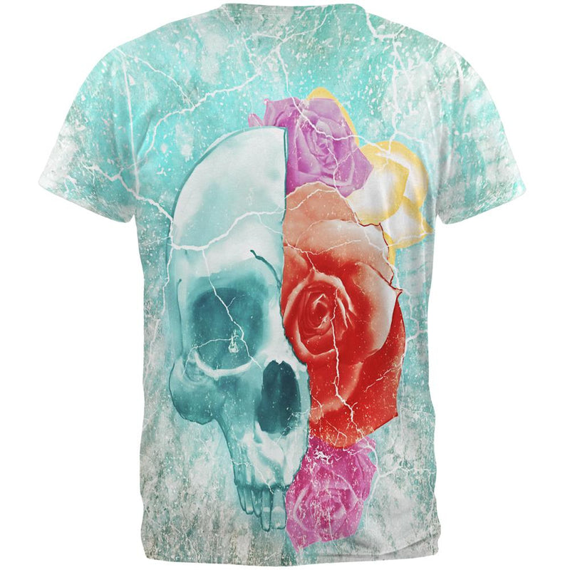 Halloween Distressed Skull and Flowers All Over Mens T Shirt Men's T-Shirts Old Glory
