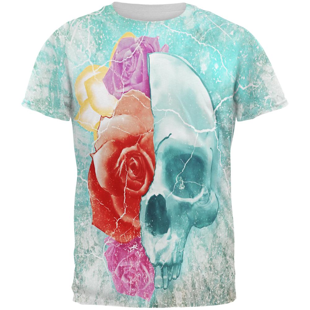 Halloween Distressed Skull and Flowers All Over Mens T Shirt Men's T-Shirts Old Glory 2XL Multi