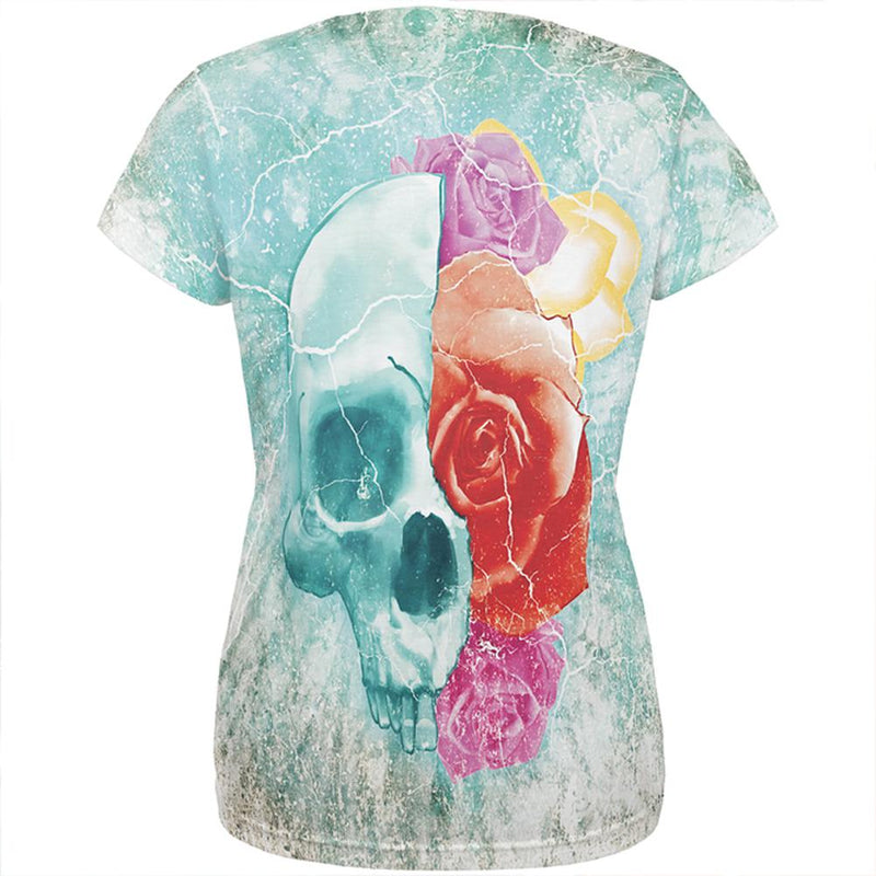 Halloween Distressed Skull and Flowers All Over Womens T Shirt Women's T-Shirts Old Glory