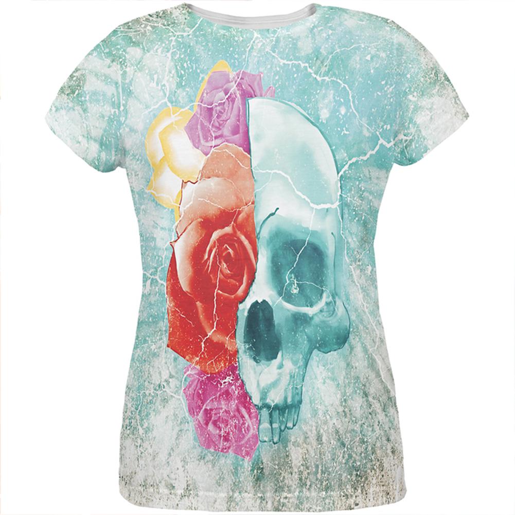 Halloween Distressed Skull and Flowers All Over Womens T Shirt Women's T-Shirts Old Glory 2XL Multi