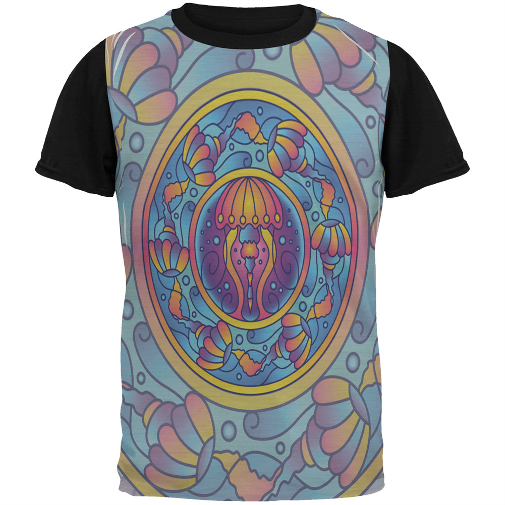 Mandala Trippy Stained Glass Jellyfish All Over Mens Black Back T Shirt Men's T-Shirts Old Glory SM Multi