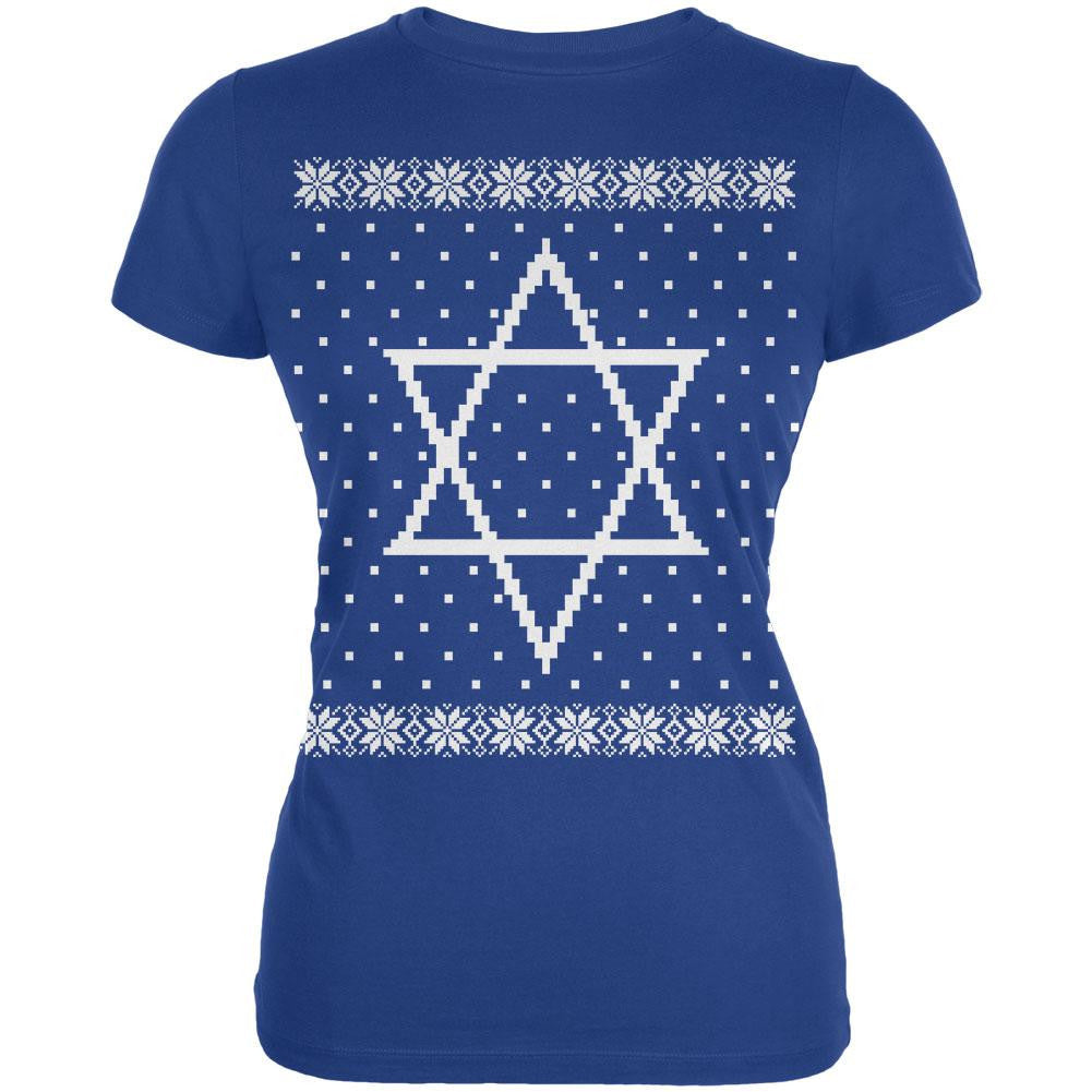Big Star of David Ugly Hanukkah Sweater Juniors Soft T Shirt Juniors T-Shirts Old Glory 2XL Blue