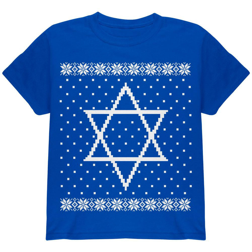 Big Star of David Ugly Hanukkah Sweater Youth T Shirt Youth T-Shirts Old Glory LG Blue