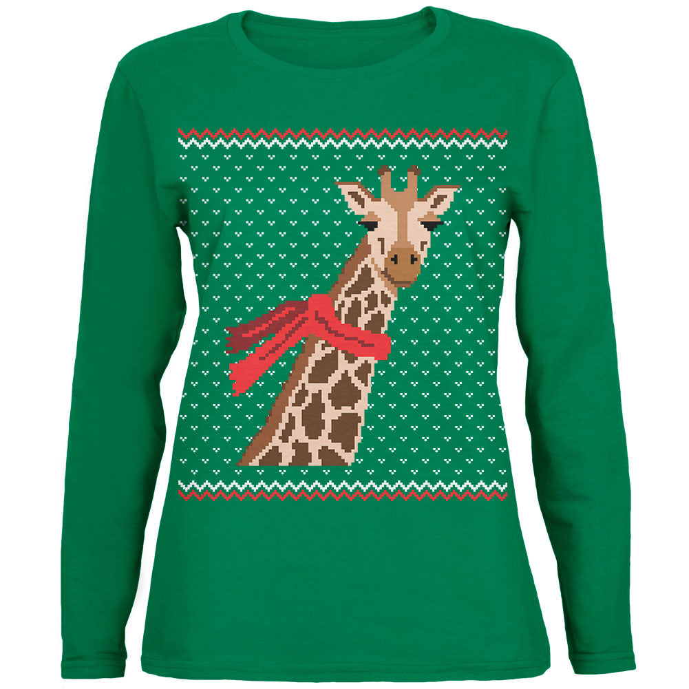 Big Giraffe Scarf Ugly Christmas Sweater Womens Long Sleeve T Shirt Women's Long Sleeves Old Glory SM Green