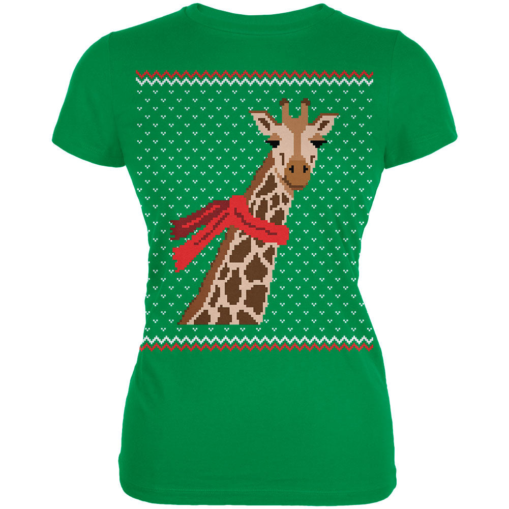 Big Giraffe Scarf Ugly Christmas Sweater Juniors Soft T Shirt Juniors T-Shirts Old Glory 2XL Green