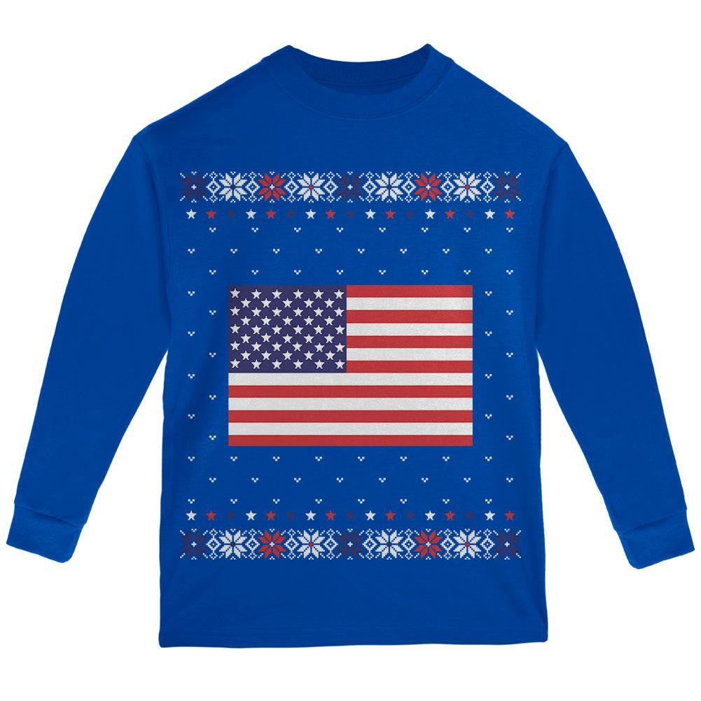 USA American Flag Ugly Christmas Sweater Youth Long Sleeve T Shirt Youth T-Shirts Old Glory LG Blue