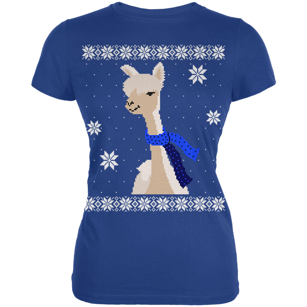 Big Alpaca Scarf Ugly Christmas Sweater Juniors Soft T Shirt Juniors T-Shirts Old Glory 2XL Blue