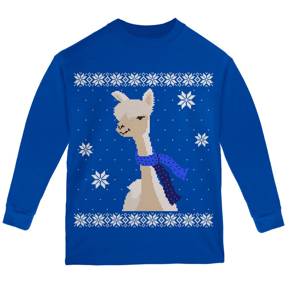 Big Alpaca Scarf Ugly Christmas Sweater Youth Long Sleeve T Shirt Youth Long Sleeves Old Glory YLG Blue