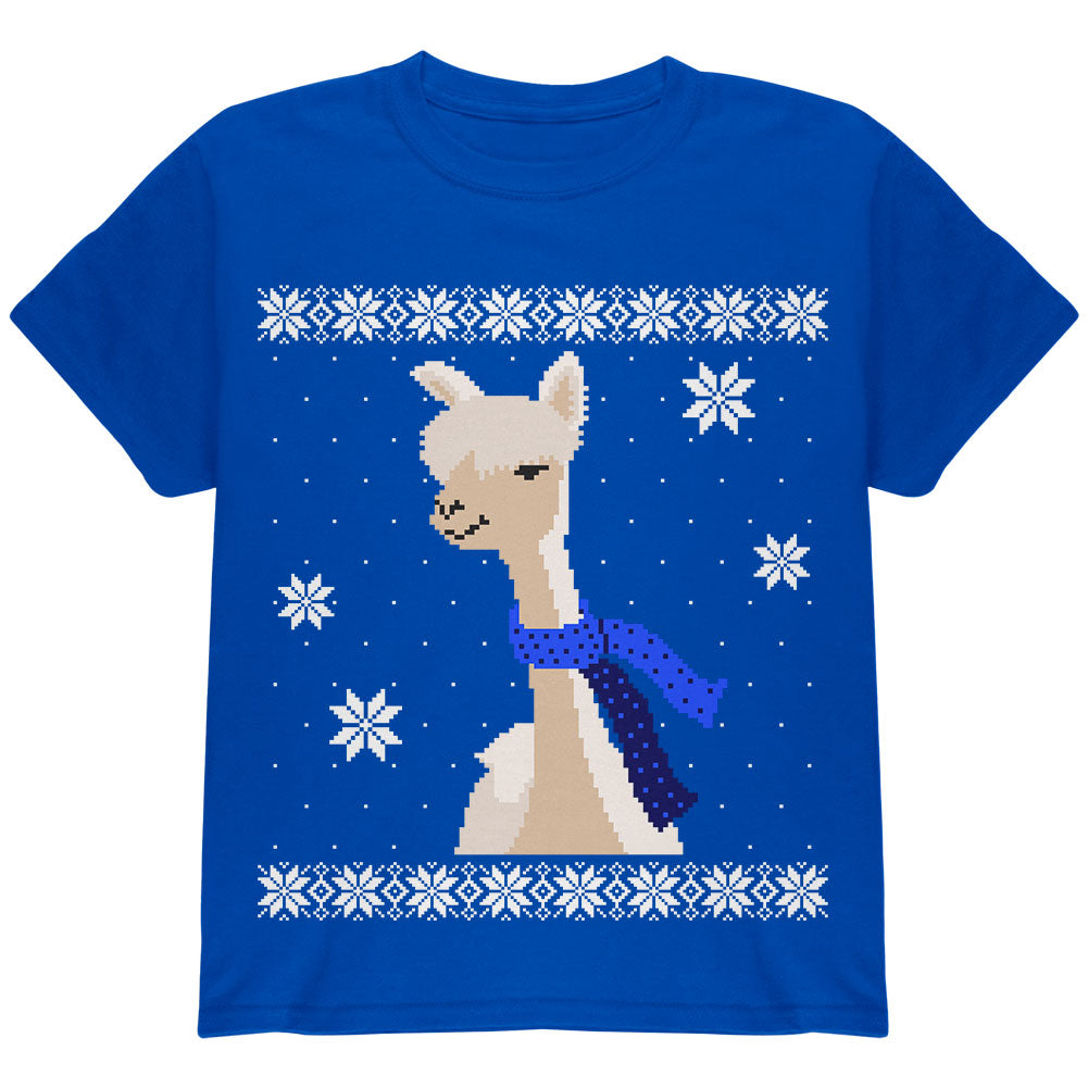Big Alpaca Scarf Ugly Christmas Sweater Youth T Shirt Youth T-Shirts Old Glory YLG Blue