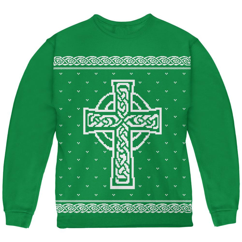 Celtic Cross Irish Ugly Christmas Sweater Youth Sweatshirt Youth Sweatshirts Old Glory SM Green