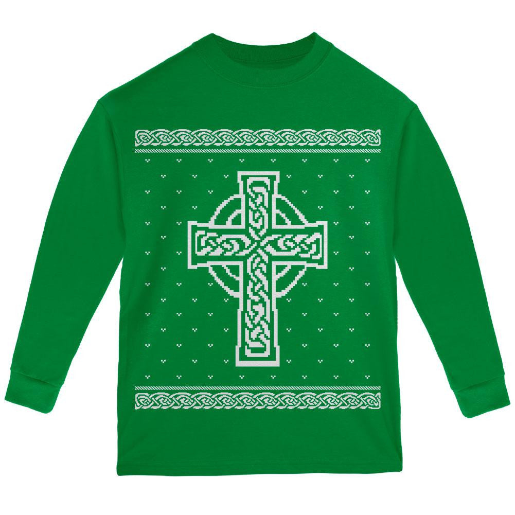 Celtic Cross Irish Ugly Christmas Sweater Youth Long Sleeve T Shirt Youth Long Sleeves Old Glory SM Green