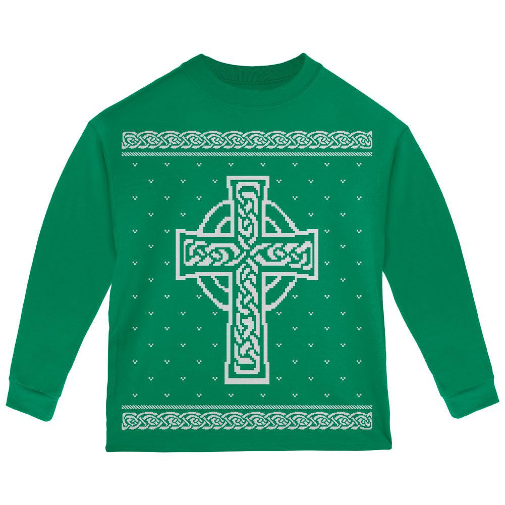 Celtic Cross Irish Ugly Christmas Sweater Toddler Long Sleeve T Shirt Toddler Long Sleeves Old Glory 2T Green