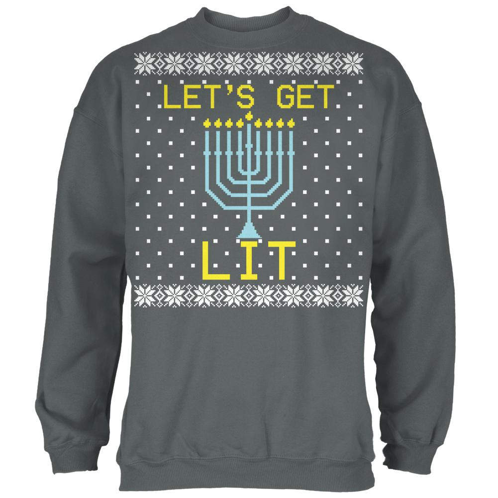 Menorah Get Lit Ugly Hanukkah Sweater Mens Sweatshirt Men's Sweatshirts Old Glory 2XL Grey