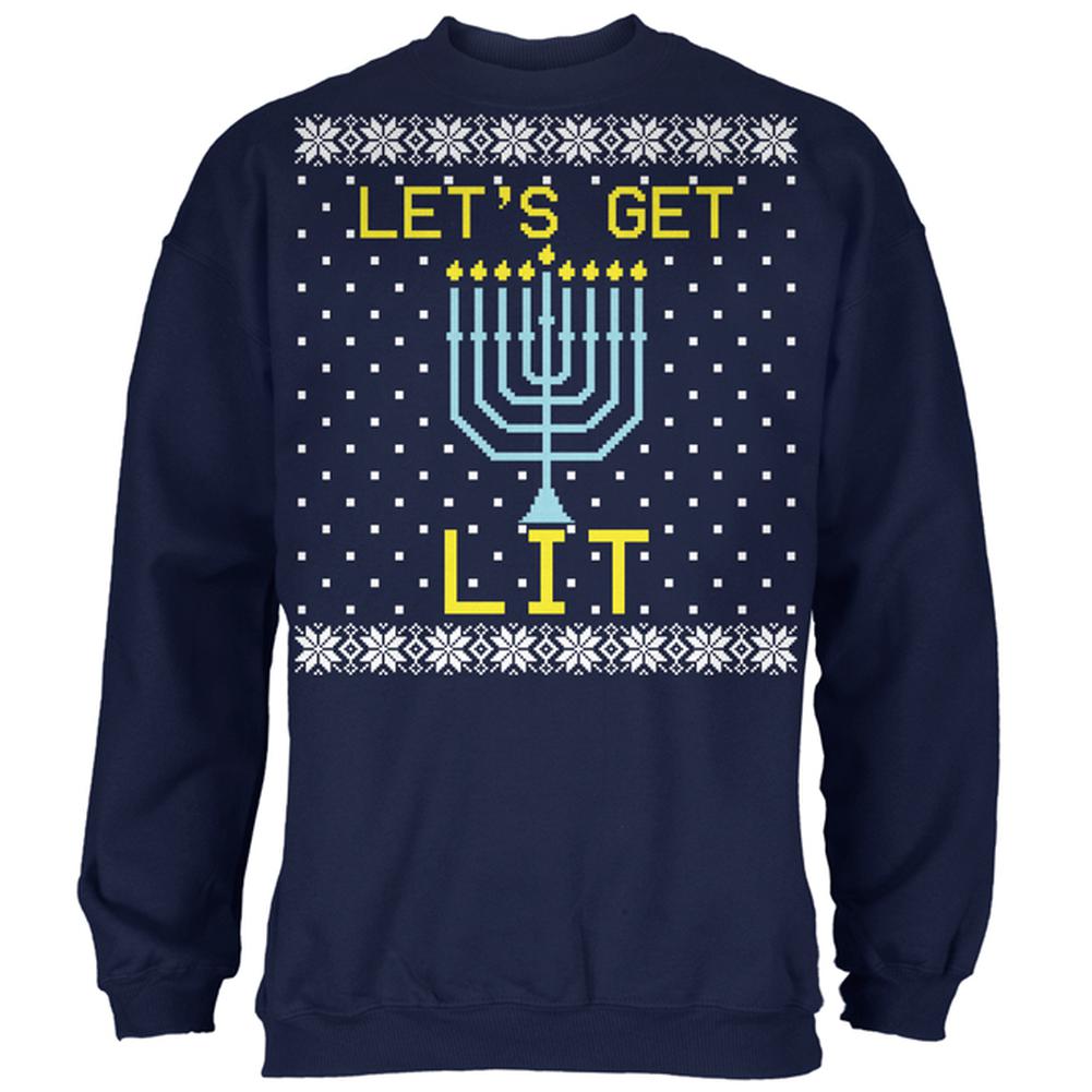 Menorah Get Lit Ugly Hanukkah Sweater Mens Sweatshirt Men's Sweatshirts Old Glory 2XL Navy