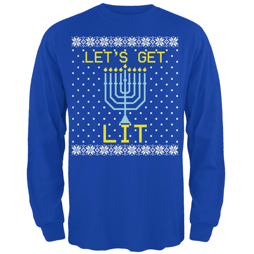 Menorah Get Lit Ugly Hanukkah Sweater Royal Mens Long Sleeve T Shirt Men's Long Sleeves Old Glory 2XL Royal