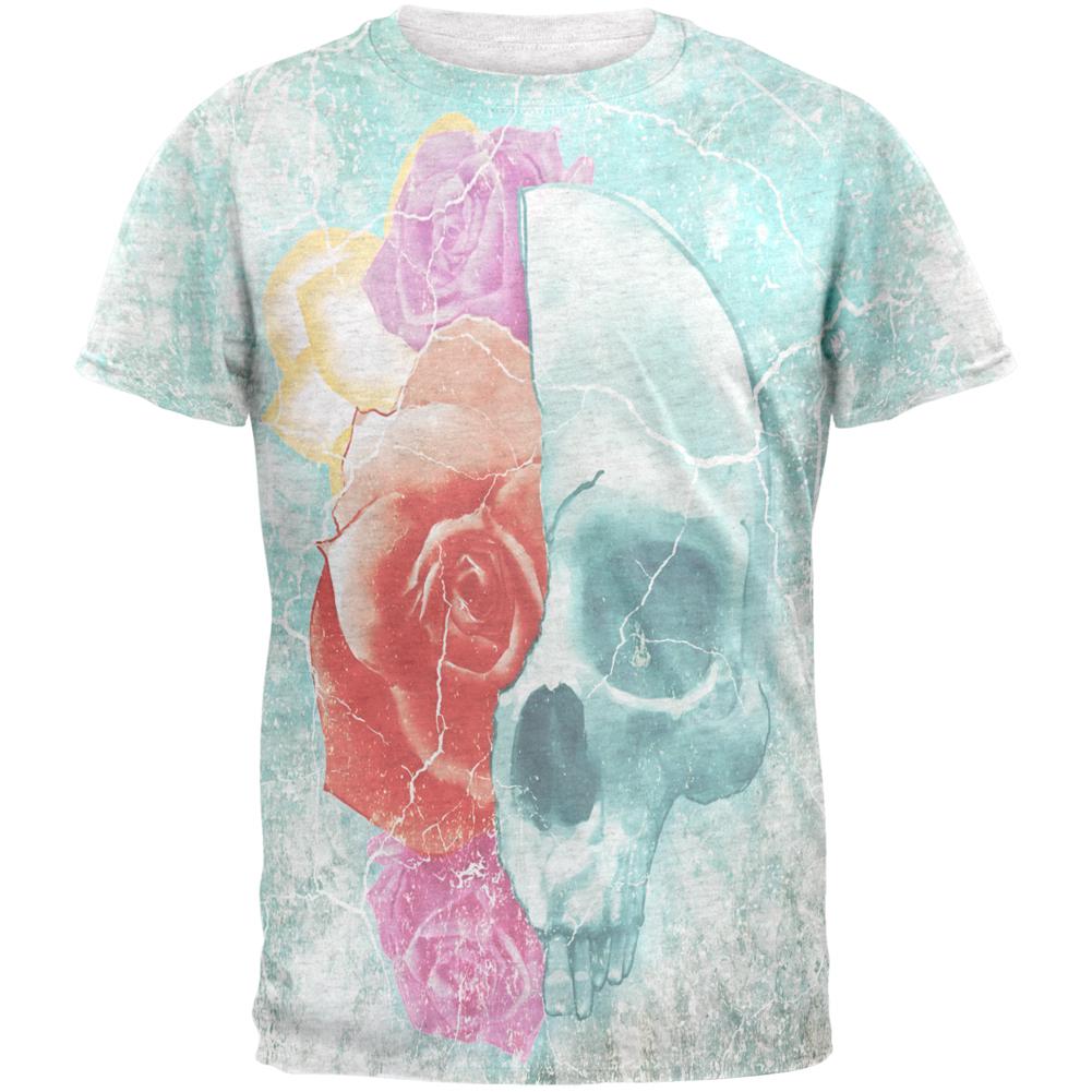 Halloween Distressed Skull and Flowers Mens T Shirt Men's T-Shirts Old Glory 2XL Heather White