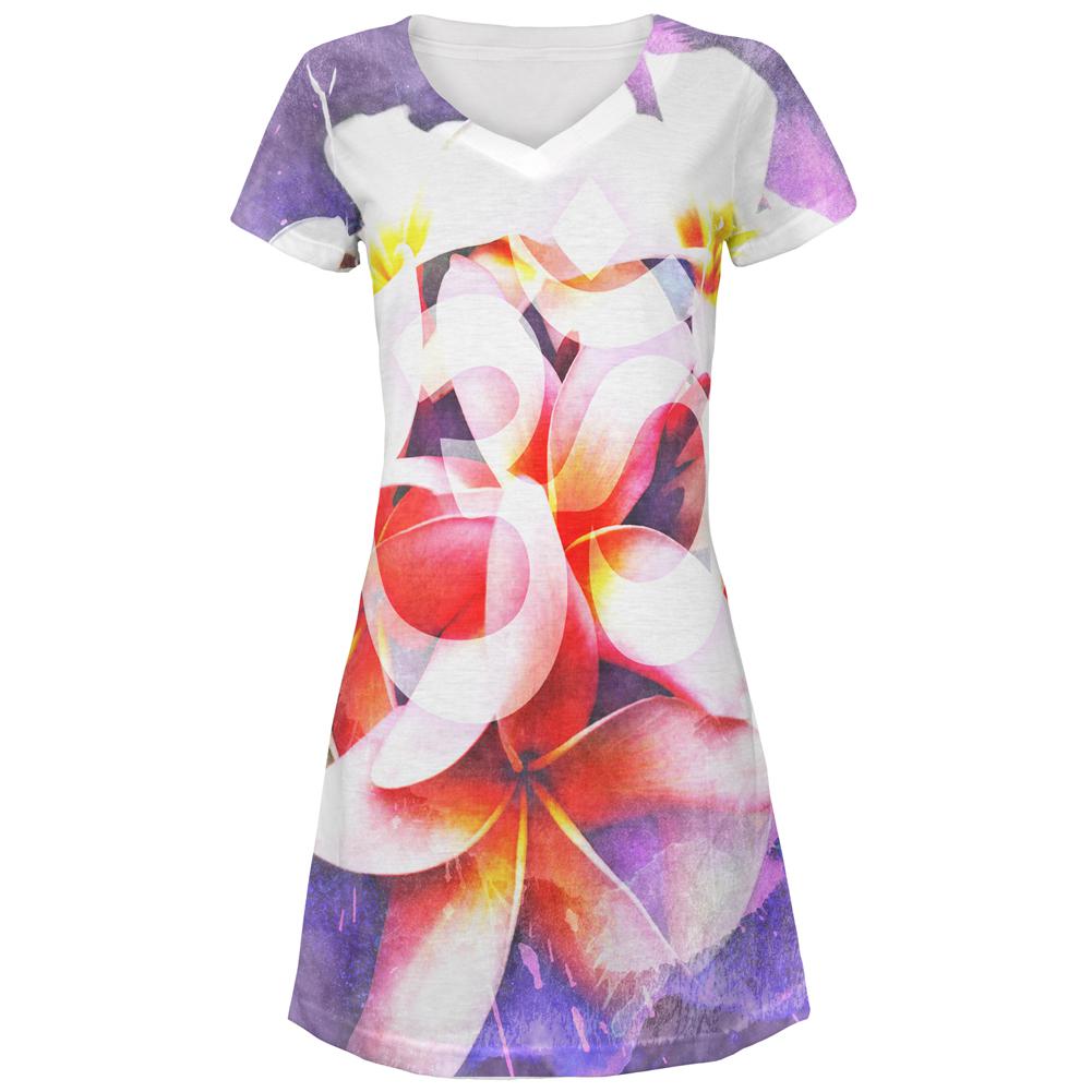 Om Frangipani Pagoda Temple Flower Juniors V-Neck Beach Cover-Up Dress Juniors Dresses Old Glory MD Multi