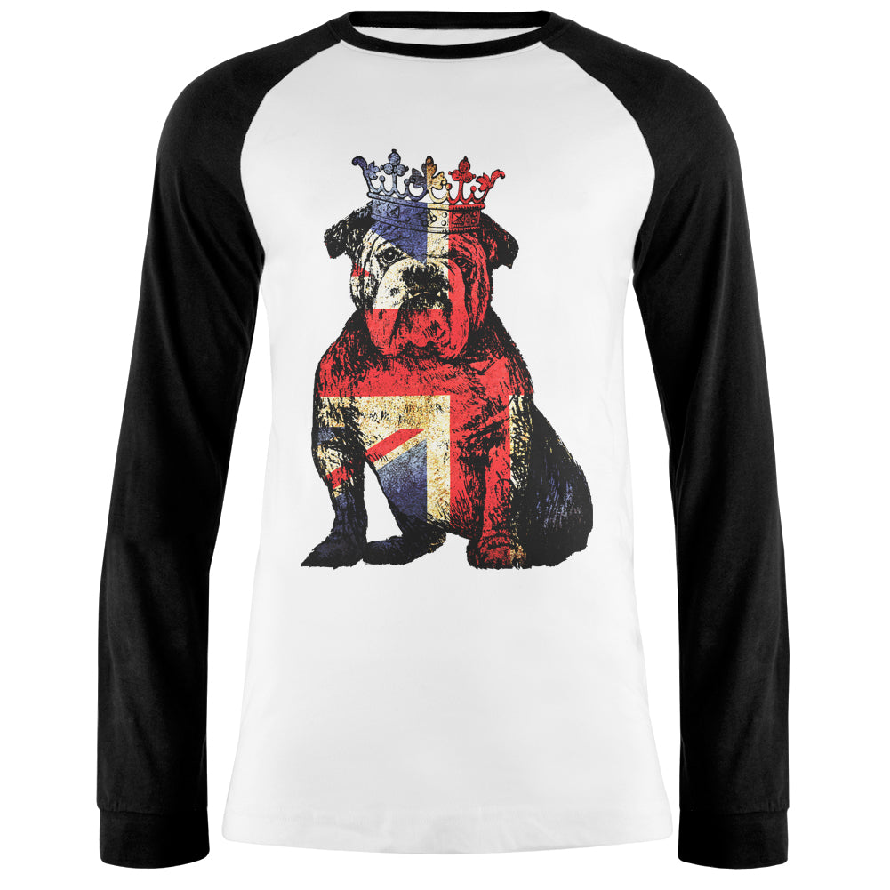 English British Bulldog Crown Grunge Flag Mens Long Sleeve Raglan T Shirt Men's Raglans Old Glory 2XL White-Black