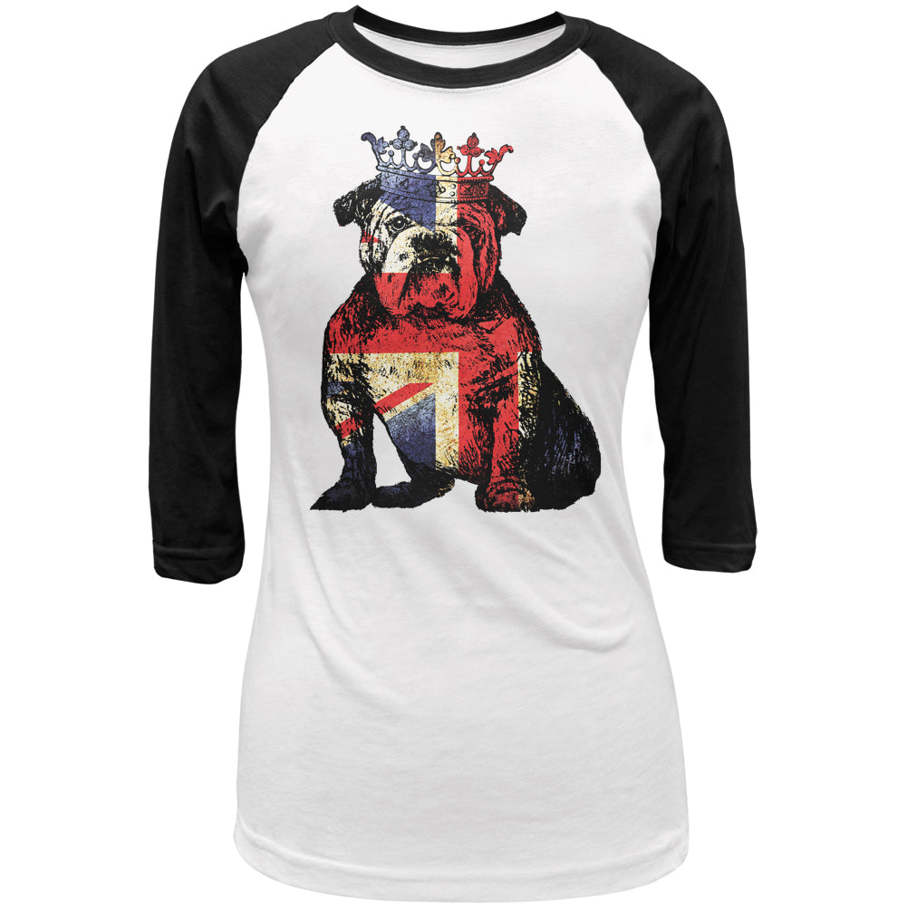 English British Bulldog Crown Grunge Flag Juniors 3/4 Sleeve Raglan T Shirt Juniors Raglans Old Glory LG White-Black