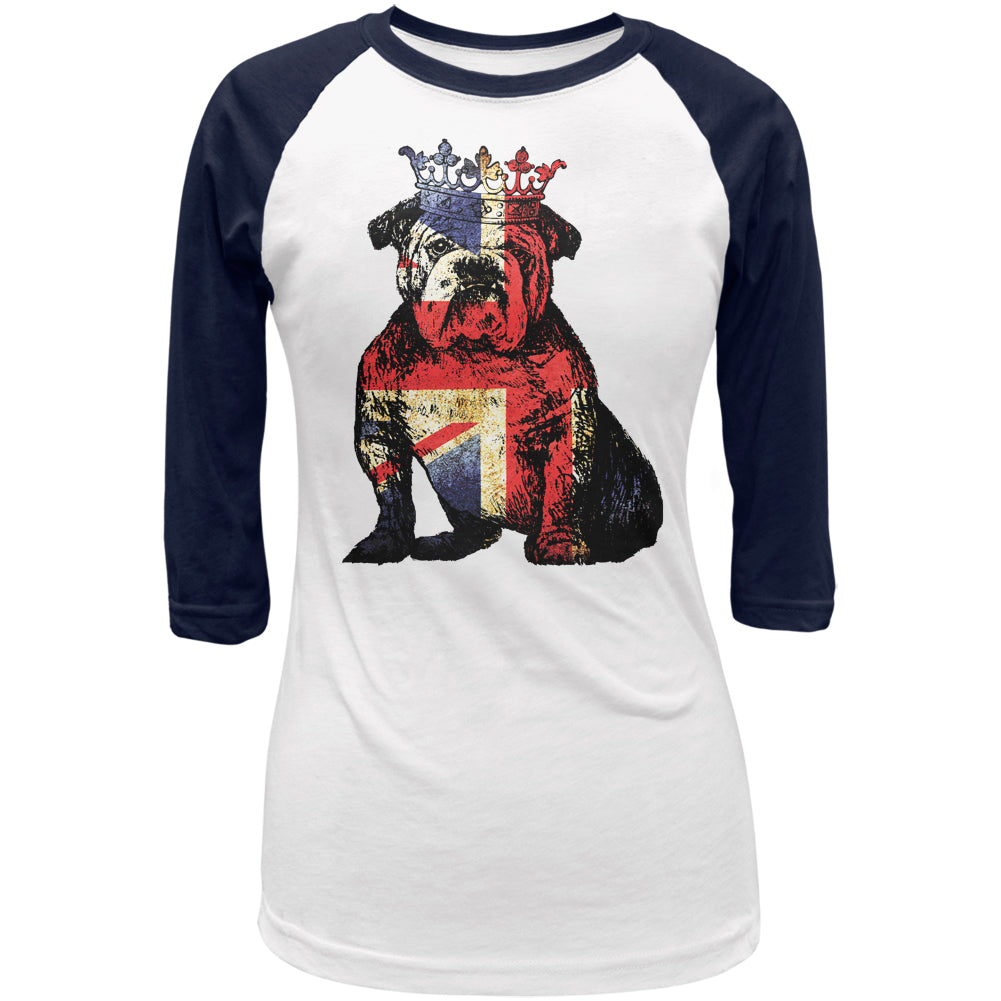 English British Bulldog Crown Grunge Flag Juniors 3/4 Sleeve Raglan T Shirt Juniors Raglans Old Glory 2XL White-Navy
