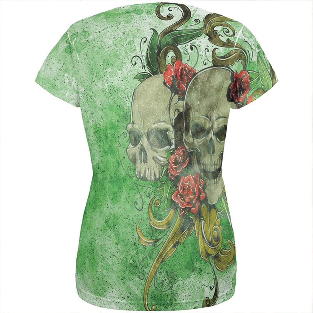 St. Patricks Day Deadly Wild Irish Rose Skull Tattoo All Over Womens T Shirt Women's T-Shirts Old Glory