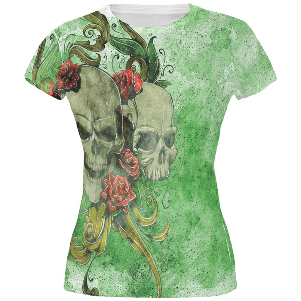 St. Patricks Day Deadly Wild Irish Rose Skull Tattoo All Over Juniors T Shirt Juniors T-Shirts Old Glory 2XL Multi