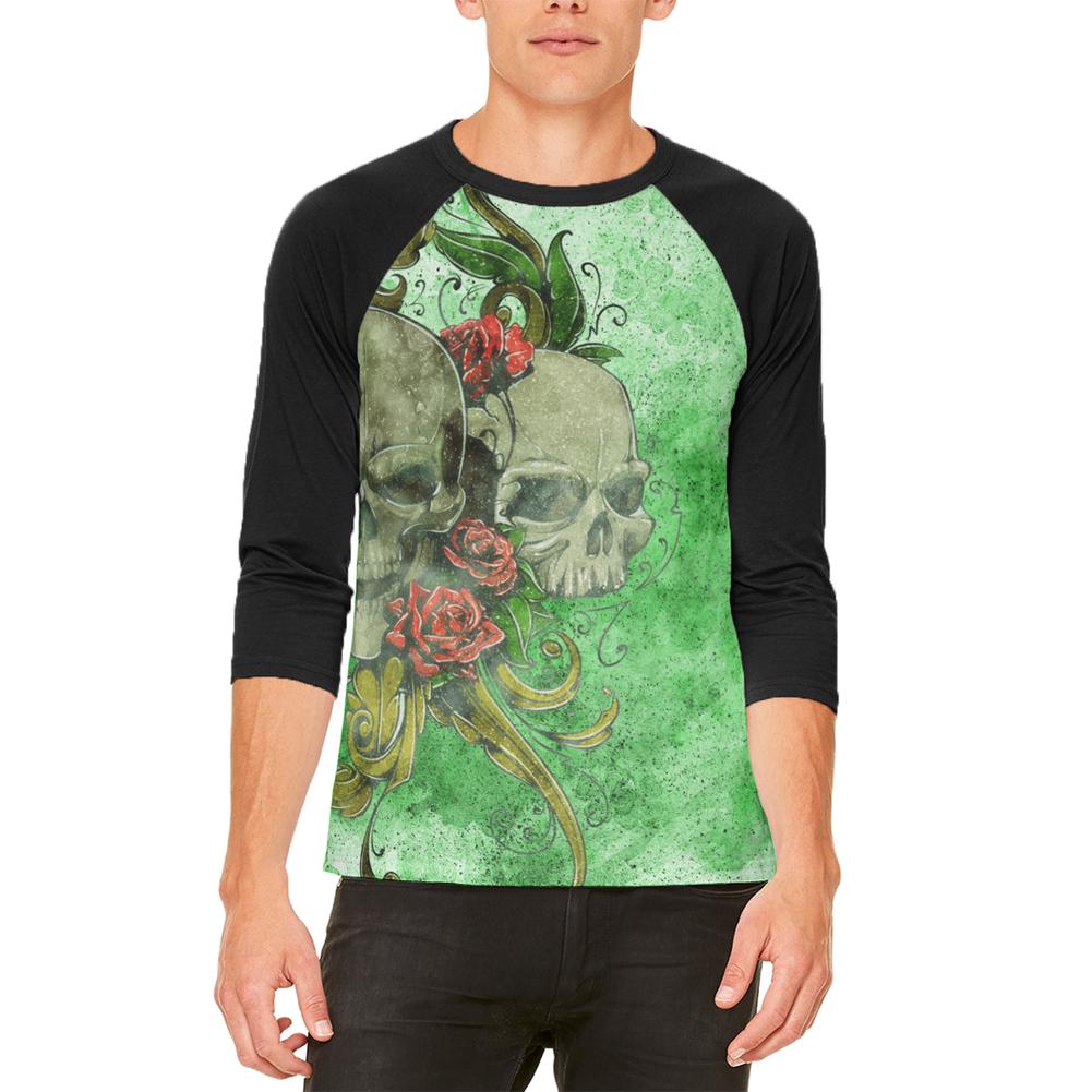 St. Patricks Day Deadly Wild Irish Rose Skull Tattoo Mens Raglan T Shirt Men's Raglans Old Glory 2XL White-Black