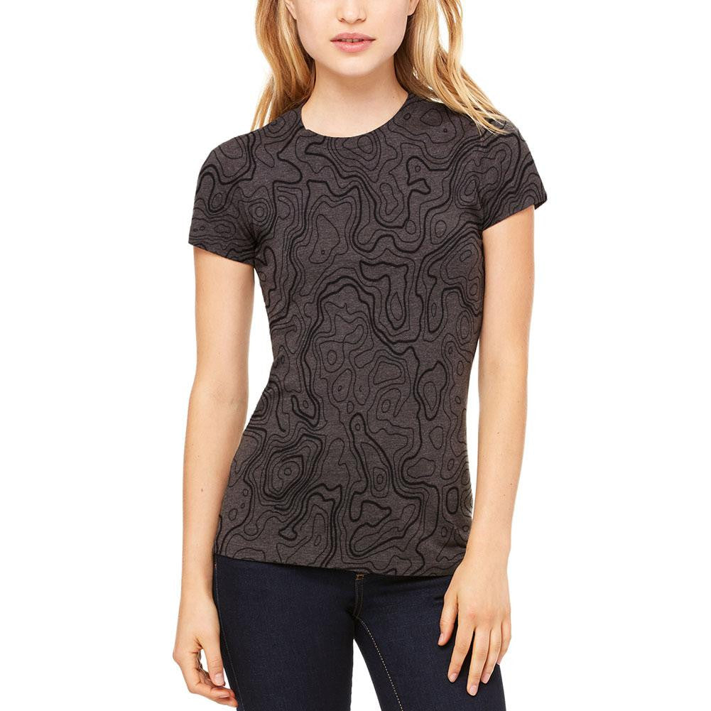 Hiking Fanatic Topographical Map Pattern Juniors Soft T Shirt Juniors T-Shirts Old Glory 2XL Grey