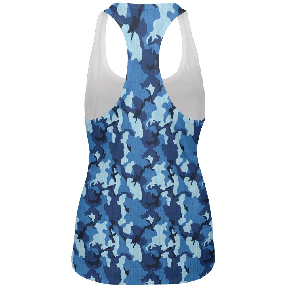 Navy Blue Camo All Over Womens Work Out Tank Top Women's Tank Tops Old Glory