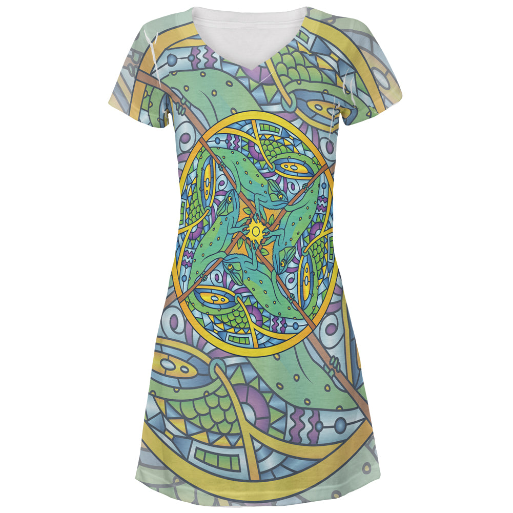Mandala Trippy Stained Glass Chameleon All Over Juniors Beach Cover-Up Dress Juniors Dresses Old Glory MD Multicolored
