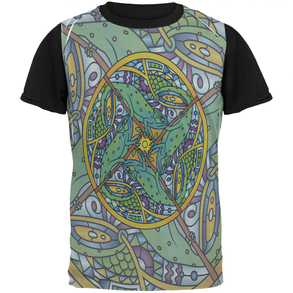 Mandala Trippy Stained Glass Chameleon All Over Mens Black Back T Shirt Men's T-Shirts Old Glory SM Multi