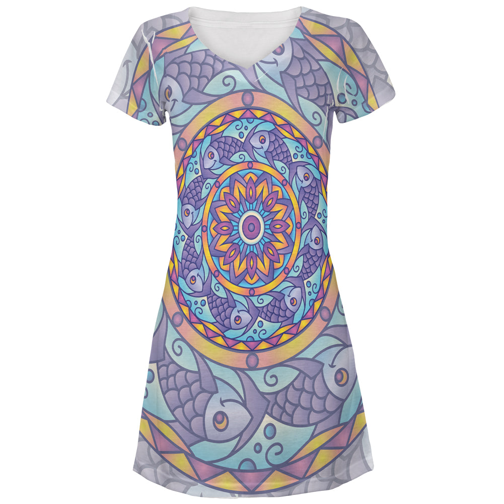 Mandala Trippy Stained Glass Fish All Over Juniors Beach Cover-Up Dress Juniors Dresses Old Glory MD Multi