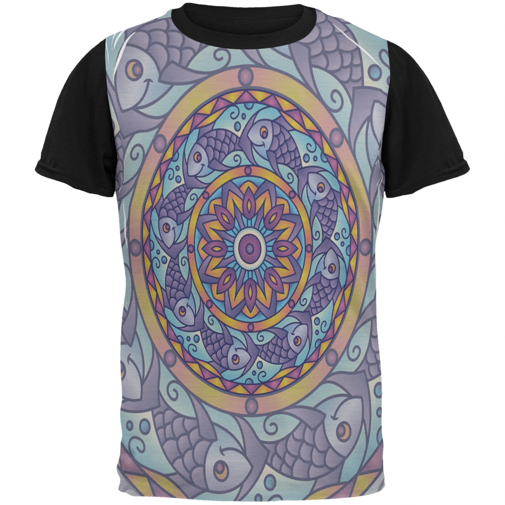 Mandala Trippy Stained Glass Fish All Over Mens Black Back T Shirt Men's T-Shirts Old Glory SM Multi