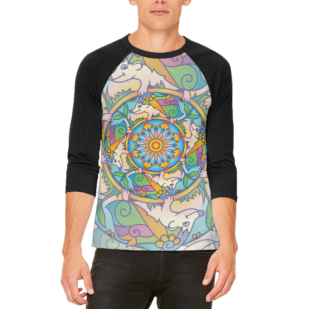 Mandala Trippy Stained Glass Hedgehog Mens Raglan T Shirt Men's Raglans Old Glory 2XL White-Black