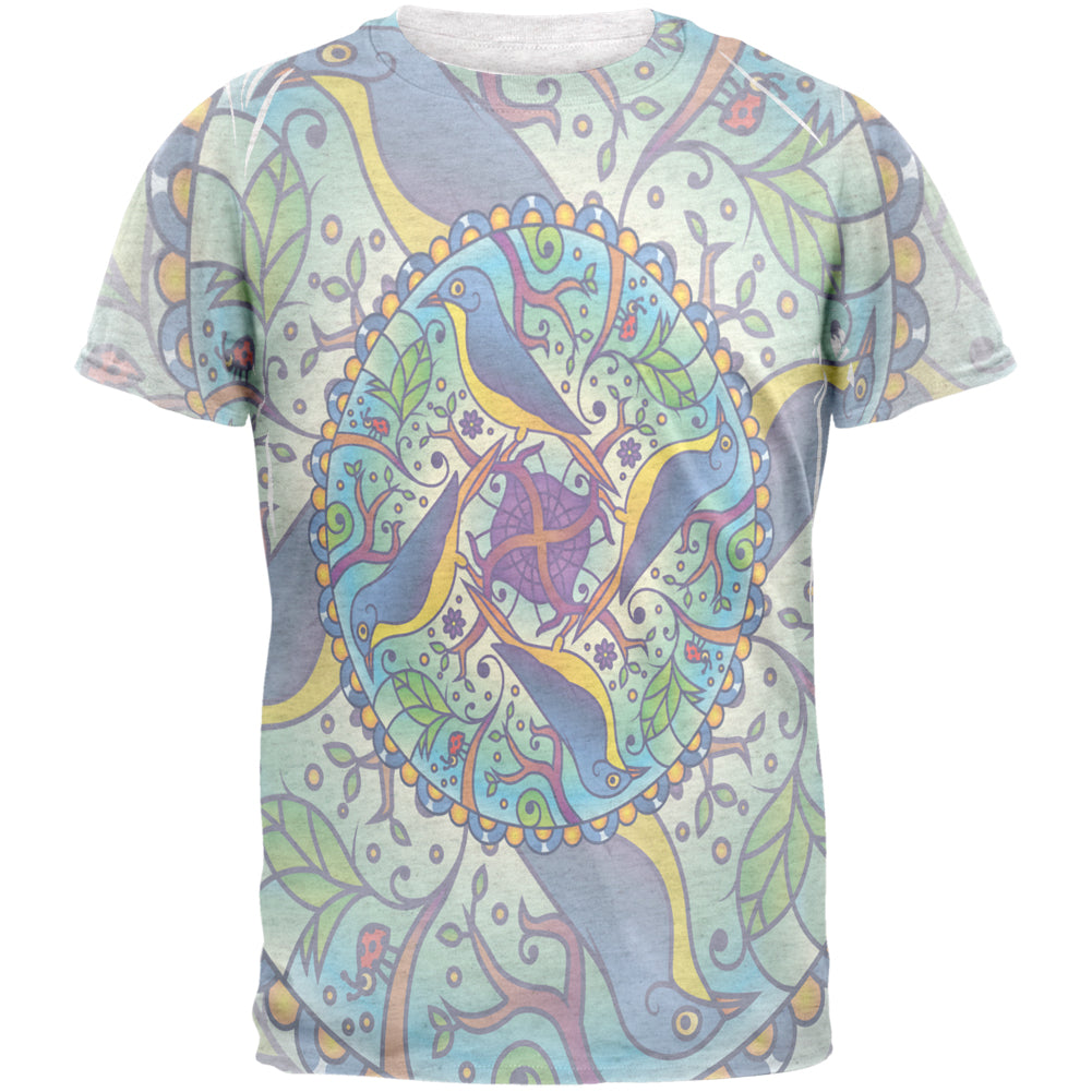 Mandala Trippy Stained Glass Spring Birds Mens T Shirt Men's T-Shirts Old Glory 2XL Heather White