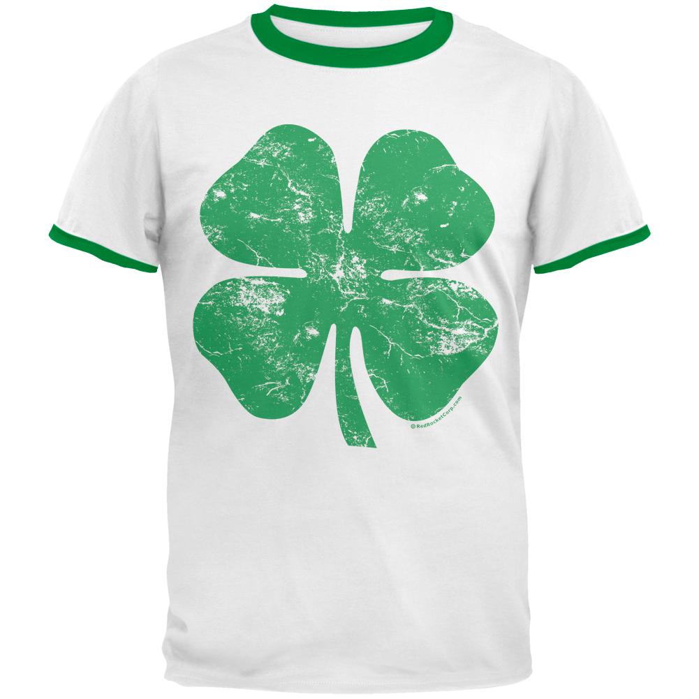 St Patricks Day Big Distressed Shamrock Mens Ringer T Shirt Men's T-Shirts Old Glory 2XL White-Kelly