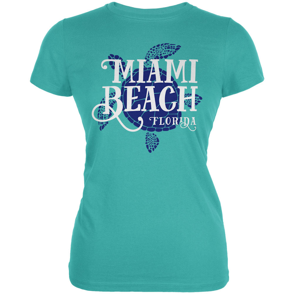Summer Sun Sea Turtle Miami Beach Juniors Soft T Shirt Juniors T-Shirts Old Glory LG Teal