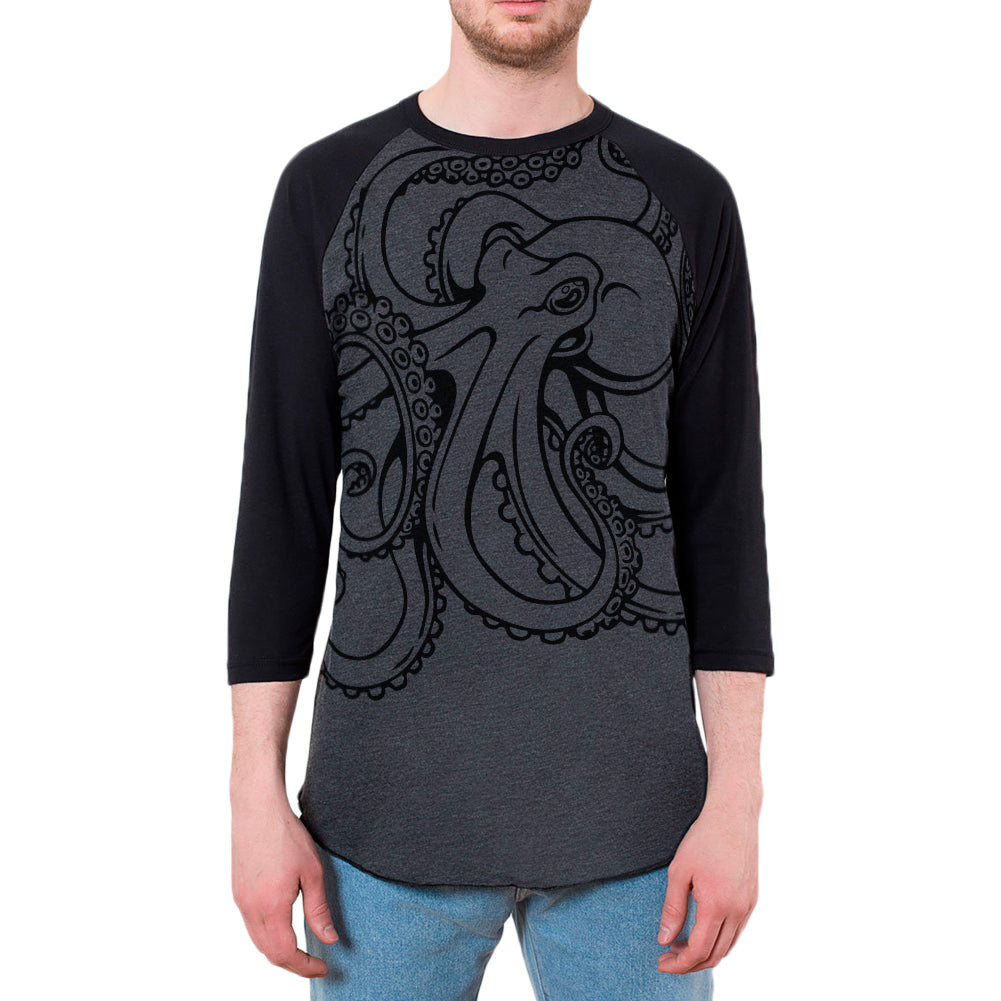 Octopus Outline Mens Raglan T Shirt Men's Raglans Old Glory 2XL Heather Black-Black